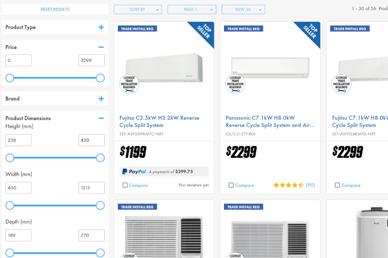 ecommerce shop with air con products