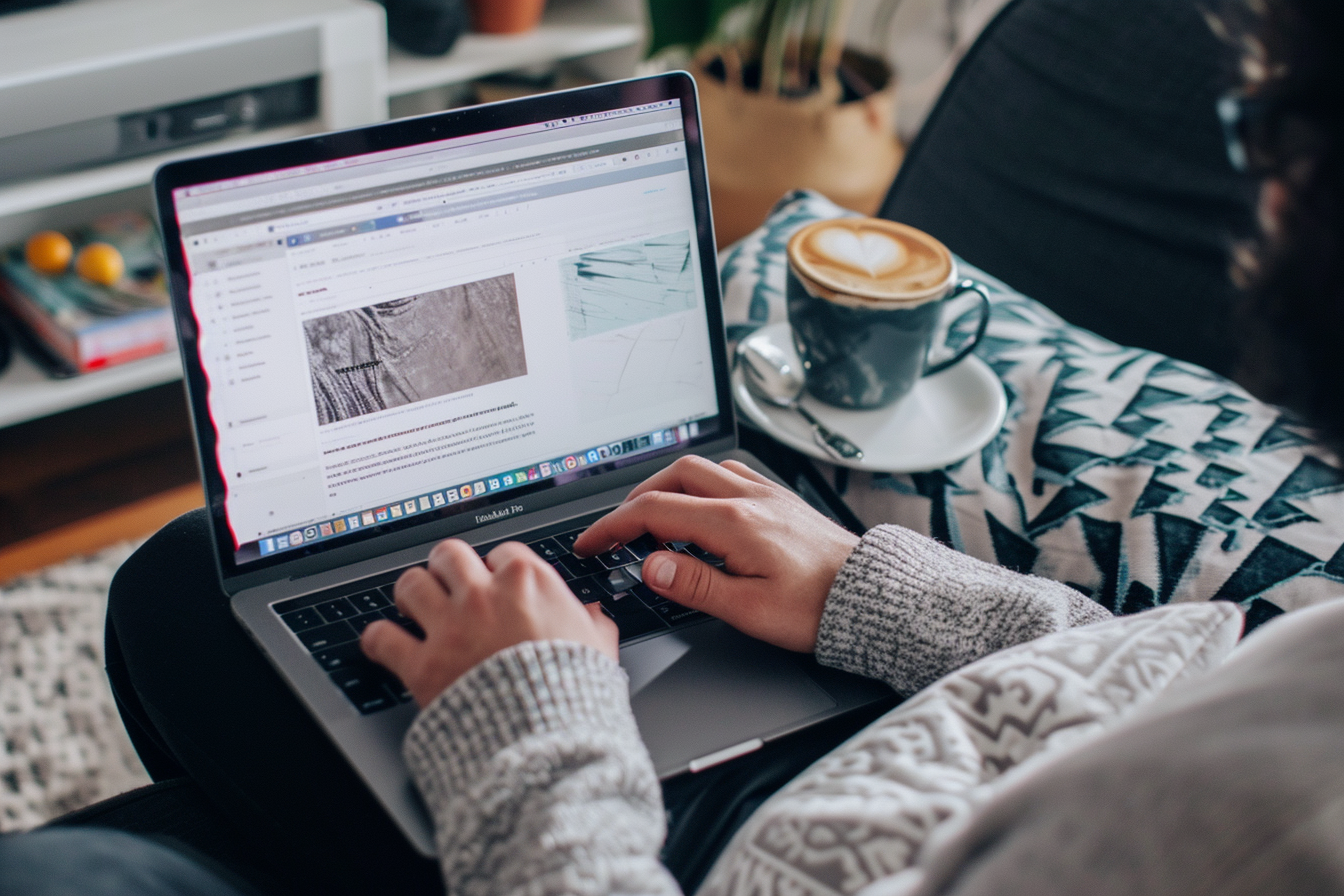 Person typing a blogpost on a laptop