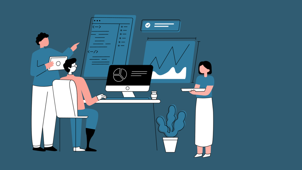 a cartoon of a three people team analyzing data and performance metrics on digital dashboards on blue background discussing SEO management