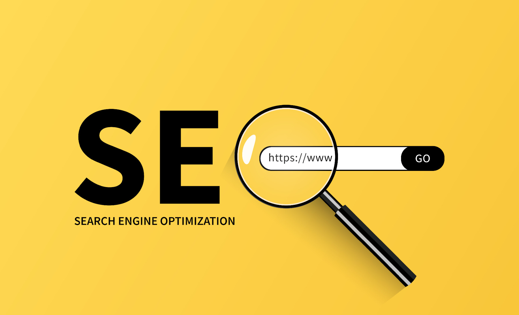 the word 'SEO' on a yellow background with a magnifying glass over a url