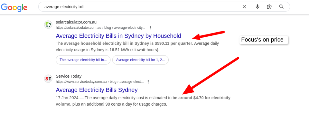 screenshot showing average electricity bill and their prices