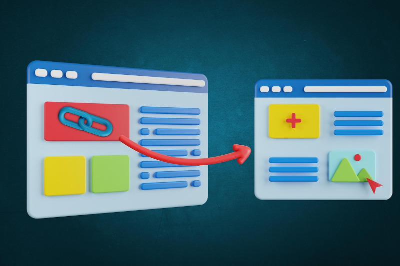  3D illustration of two web browser windows with a red arrow showing a backlink from one page to another, symbolizing SEO and link-building strategies.