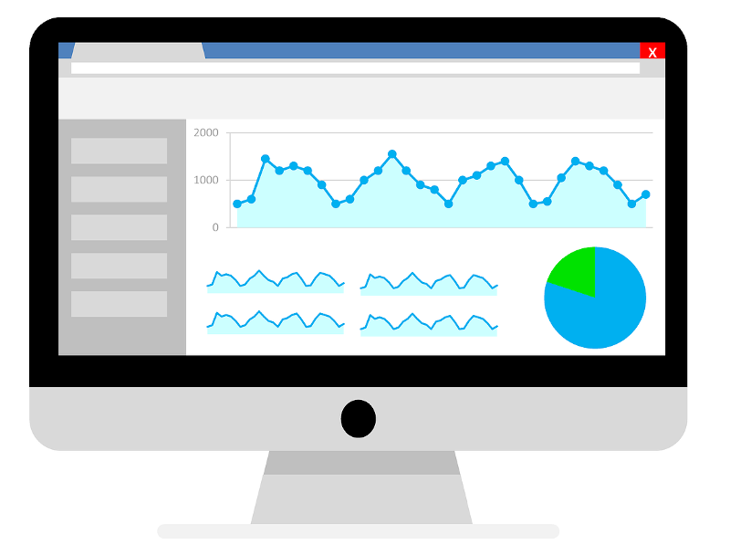 Illustration of a desktop computer displaying website analytics with line graphs and a pie chart on screen.