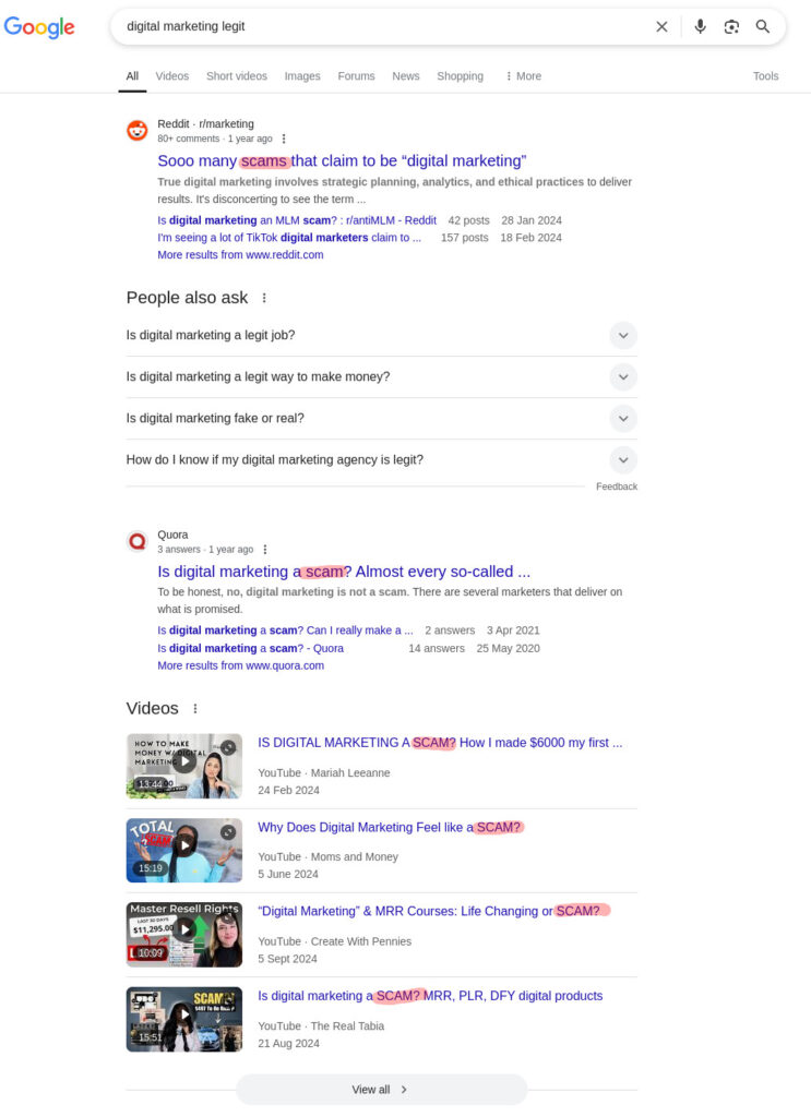 screenshot of search query on google for 'digital marketing legit'