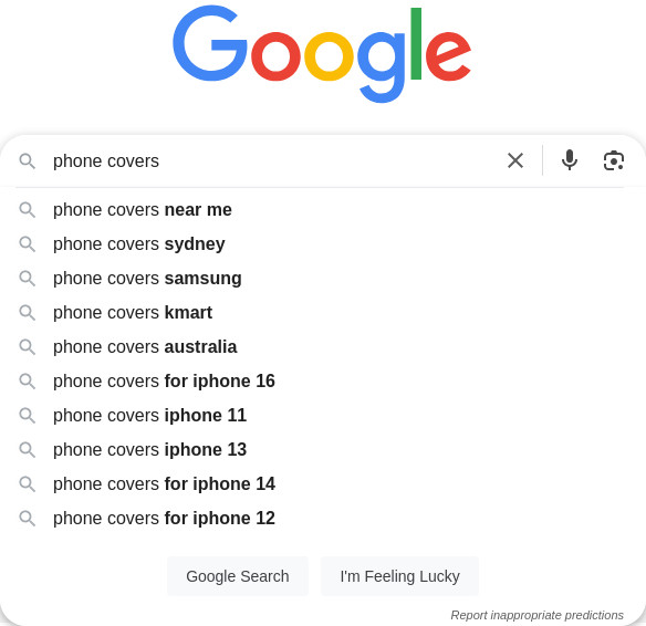 screenshot of google search for phone covers