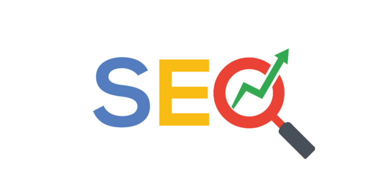 The word SEO with magnifying glass and upward growth arrow.
