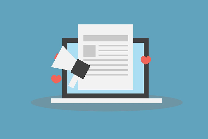 Illustration of a laptop with a document, megaphone, and red heart icons