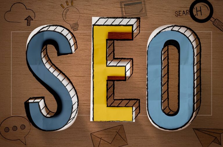 3D-style SEO text on wooden background