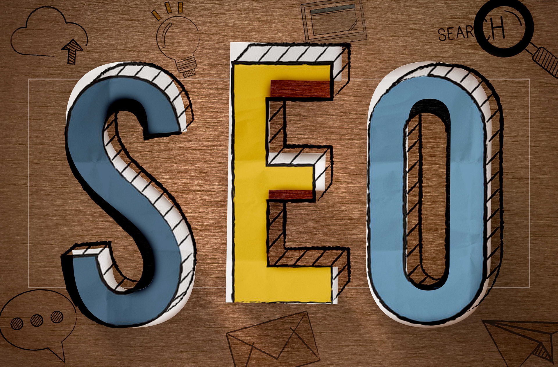 3D-style SEO text on wooden background