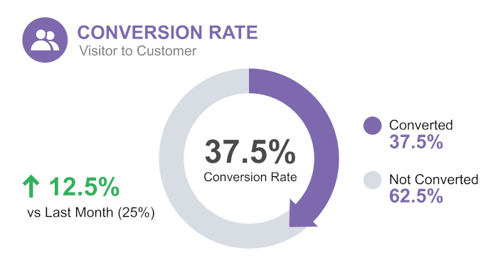 Conversion Rate Infographic Donut Chart Showing Visitor to Customer Conversion Percentage and Monthly Growth Comparison